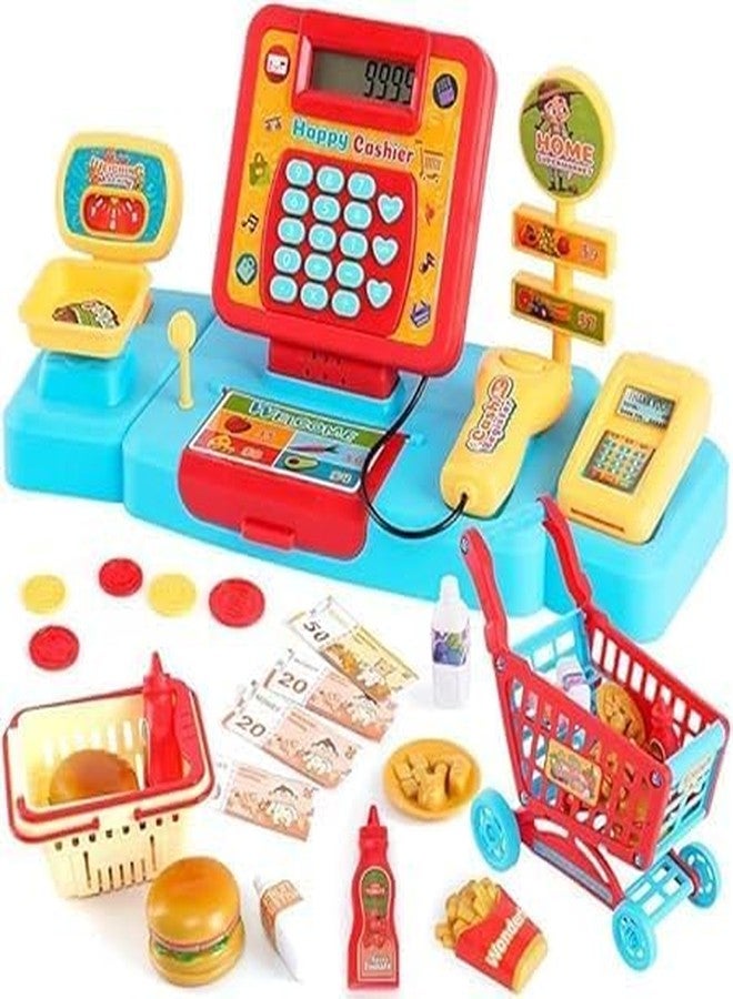 JALKAR Electronic Cash Register Toys with Shopping Cart Scanner Supermarket Cash Register with Calculator,Scanner,Credit Card Role Playing Toy Pour Boys Girls 3 4 5 Years - Image 1